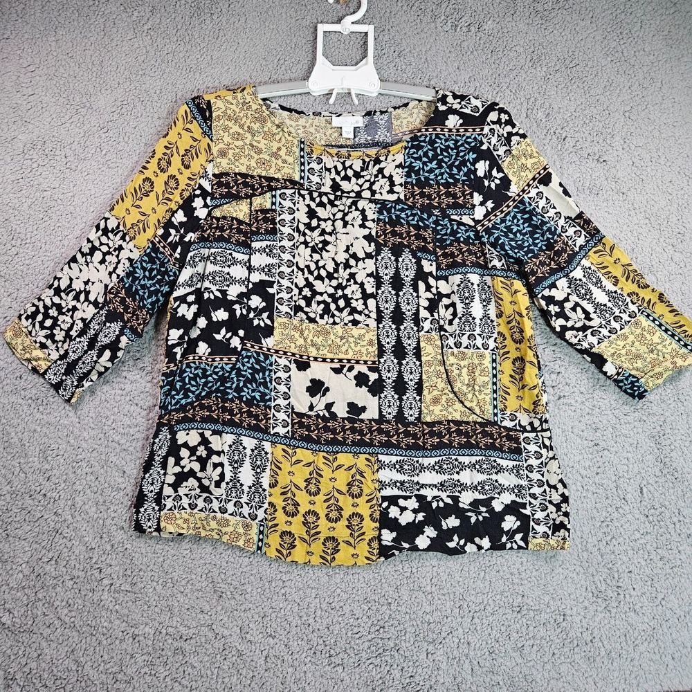 J Jill Top Blouse Womens Large Floral Print Multi Color 3/4 Sleeve - L